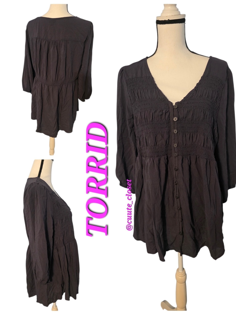 Torrid Dark Gray ¾ Sleeves Babydoll Tunic Top Front Ruched